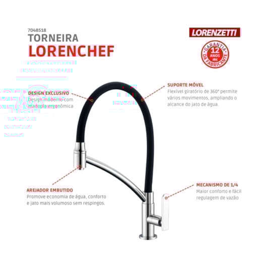 Torneira Para Cozinha De Mesa Lorenchef C81 Preto Cromada Lorenzetti - Imagem principal - 487f2447-a967-44cd-9019-812b0595541e