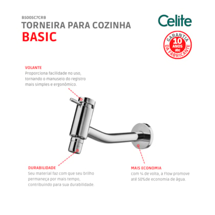 Torneira Para Cozinha De Parede Com Bica Articulada Basic Cromada Celite