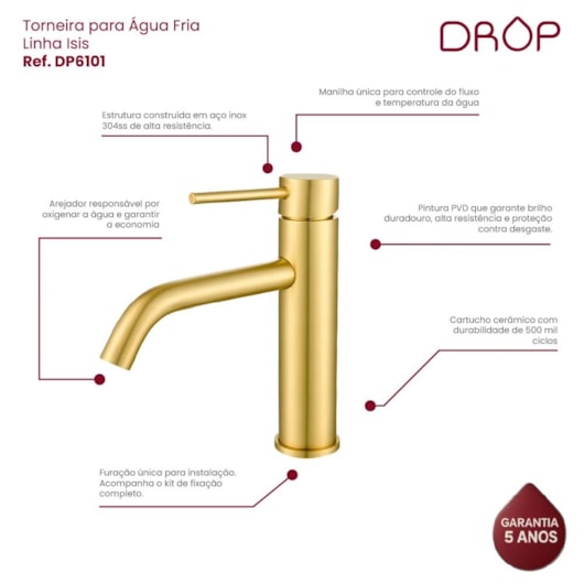 Torneira Para Lavatório Bica Baixa Dourado Escovado Drop - Imagem principal - 82b86c19-b134-4c87-9a0c-cc2f907209b9