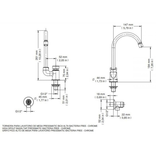 Torneira Para Lavatório De Mesa Bactéria Free Pressmatic Bica Alta Cromada Docol - Imagem principal - 71b8fb37-721f-4f02-876c-7c1d05d332f8