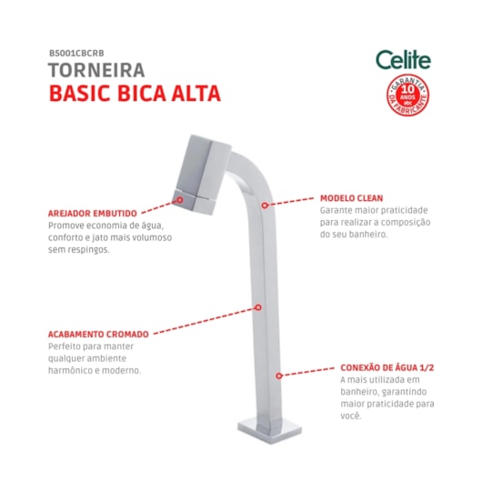 Torneira Para Lavatório De Mesa Basic Bica Alta Cromada Celite - Imagem principal - 50605e78-5d2c-442c-b19c-a30e417742e2