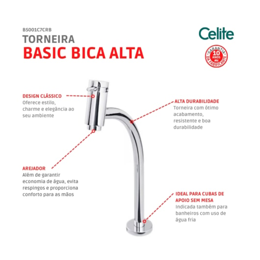 Torneira Para Lavatório De Mesa Basic Bica Alta Cromada Celite - Imagem principal - 17880da5-dac4-4612-b0da-4f3687b6b5bd