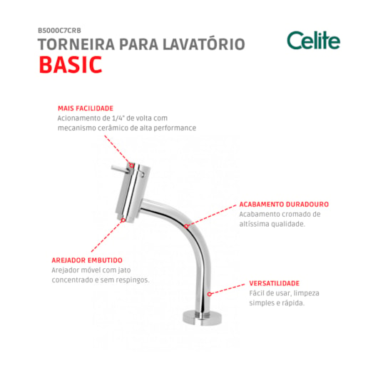 Torneira Para Lavatório De Mesa Basic Bica Baixa Cromada Celite - Imagem principal - f72c0ec3-cbcc-4b03-bfd1-32f5574275ca