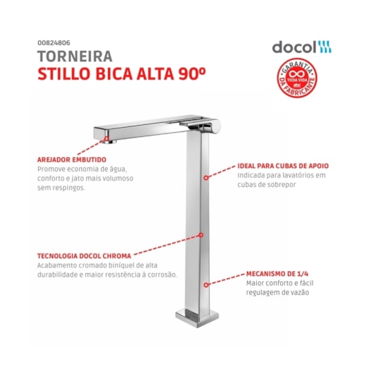 Torneira Para Lavatório De Mesa Bica Alta 90° Stillo Cromada Docol - Imagem principal - 8a68ebbe-50b8-42e4-85c1-e9dce2fede15