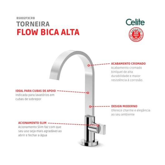 Torneira Para Lavatório De Mesa Bica Alta Flow Cromado Celite - Imagem principal - 2fae9e76-448f-4b21-8bdd-6d0d8c11b47a