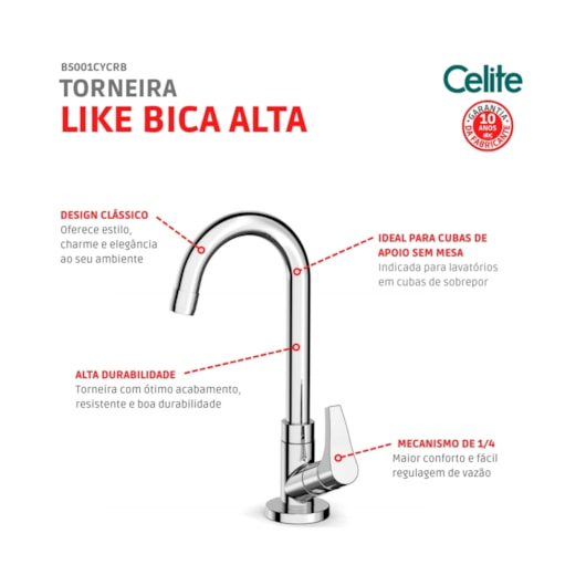 Torneira Para Lavatório De Mesa Bica Alta Like Cromada Celite - Imagem principal - 178c541b-d3d2-4250-9732-ddd99b055709