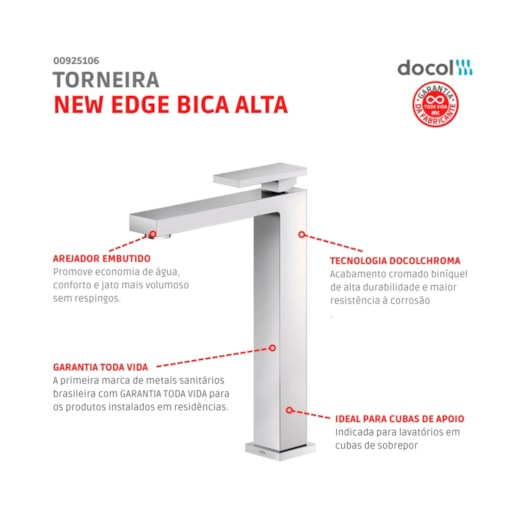 Torneira Para Lavatório De Mesa Bica Alta New Edge  Cromada Docol - Imagem principal - a25aa301-b878-4726-b0af-aa85896922ee