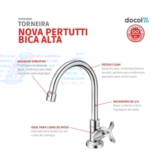 Torneira Para Lavatório De Mesa Bica Alta Nova Pertutti Cromada Docol - Imagem principal - 27dbdf3a-8b03-426d-a1b1-1ce0e52bfa8d