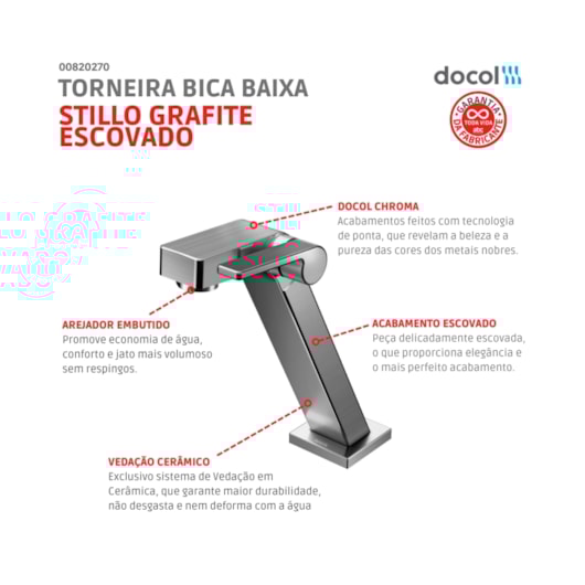 Torneira Para Lavatório De Mesa Bica Baixa Stillo Grafite Escovado Docol - Imagem principal - ca7f94e1-417c-4ba0-84bd-03a9b44b889e