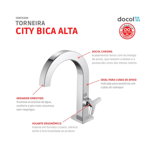 Torneira Para Lavatório De Mesa City Bica Alta Cromada Docol - Imagem principal - 9ce89213-0335-485b-958f-92e93b1457b0