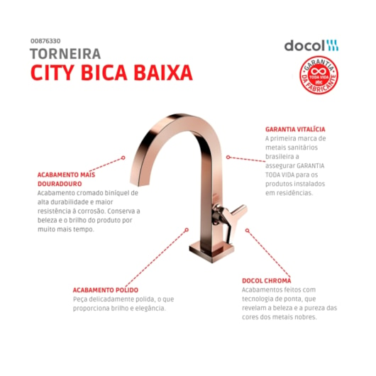 Torneira Para Lavatório De Mesa City Bica Baixa Cobre Polido Docol - Imagem principal - 9db4bb18-7b41-4df3-b4bc-d4cf99517c05