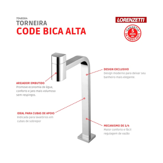 Torneira Para Lavatório De Mesa Code Bica Alta C55 Cromada Lorenzetti - Imagem principal - 459674fb-4443-483d-9545-2ed3c49a1510