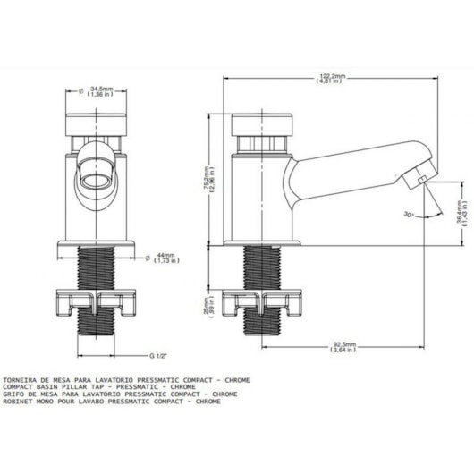 Torneira Para Lavatório De Mesa Com Ciclo Fixo Pressmatic Compact Bica Baixa Cromada Docol - Imagem principal - 2319d103-3f42-42b7-a70a-24e8c378e7d0