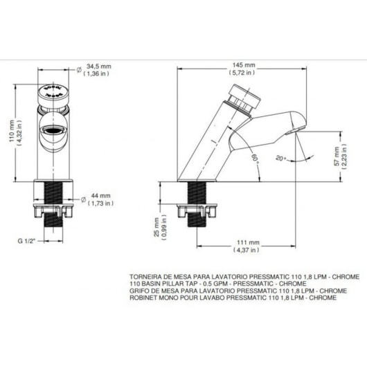 Torneira Para Lavatório De Mesa De Mesa Pressmatic 110 Leed Bica Baixa Cromada Docol - Imagem principal - d96c8e69-6484-4f4b-848e-8486082f6255