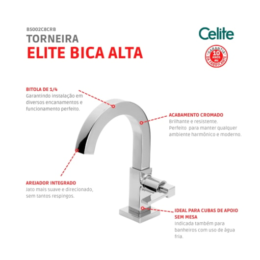 Torneira Para Lavatório De Mesa Elite Bica Alta Cromada Celite - Imagem principal - 4972c2dd-3aea-4f47-989d-e4fc63b78147