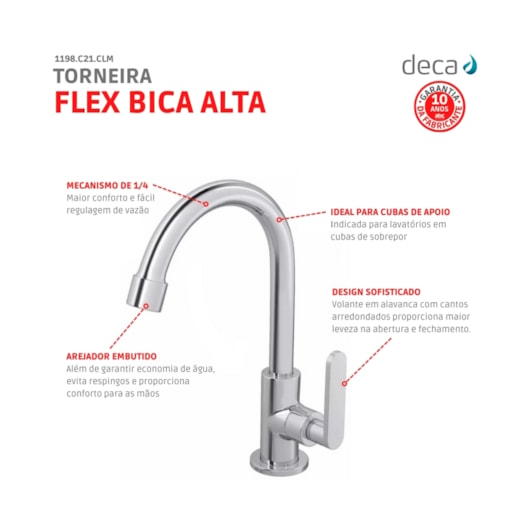 Torneira Para Lavatório De Mesa Flex Plus Bica Alta Cromado Deca - Imagem principal - 26a543d6-db2e-48d2-aac3-5532461ddc7d