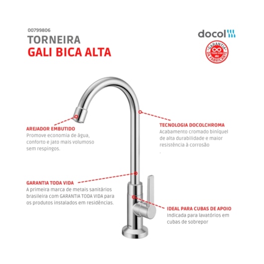 Torneira Para Lavatório De Mesa Gali Bica Alta Cromada Docol - Imagem principal - 7f369f7e-7719-40a2-bd82-d2c082918b68