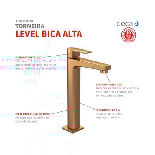 Torneira Para Lavatório De Mesa Level Bica Alta Red Gold Deca - Imagem principal - c53ca3df-dc19-4ead-ad64-ced97b4077bd