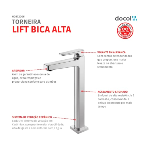 Torneira Para Lavatório De Mesa Lift Bica Alta Cromada Docol - Imagem principal - d96e7575-a9a2-4426-bced-88fa260e4a7c