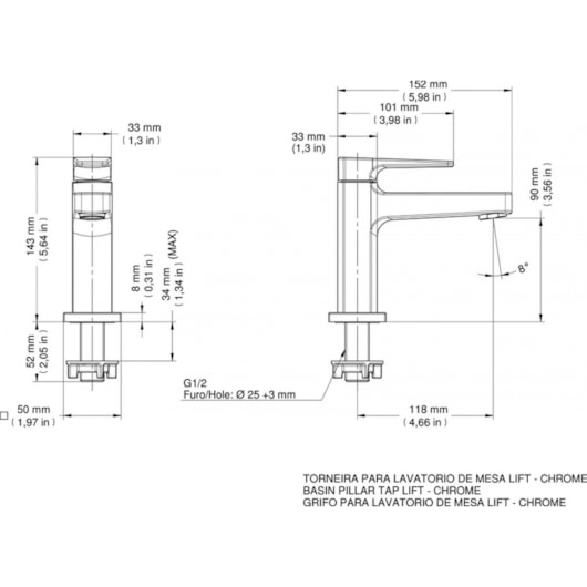 Torneira Para Lavatório De Mesa Lift Bica Baixa Cromada Docol - Imagem principal - 6a8ea0e2-7428-43c7-852f-385cb78f8fe9