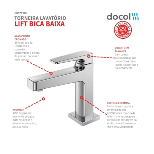 Torneira Para Lavatório De Mesa Lift Bica Baixa Cromada Docol - Imagem principal - 546254b3-f1f2-442a-9baf-6af14cc784ae