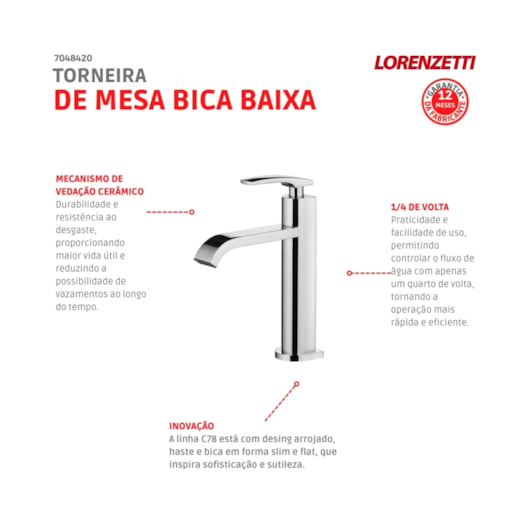 Torneira Para Lavatório De Mesa Like Bica Baixa C78 Cromada Lorenzetti - Imagem principal - 6d73c759-d4ef-431f-bdd7-d49f0d0bff44