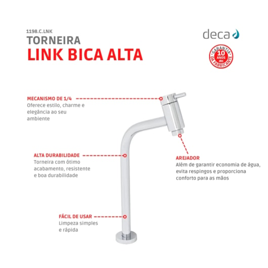 Torneira Para Lavatório De Mesa Link Bica Alta 1198 Cromada Deca - Imagem principal - 90e61df2-6c55-4360-954b-024de31074af