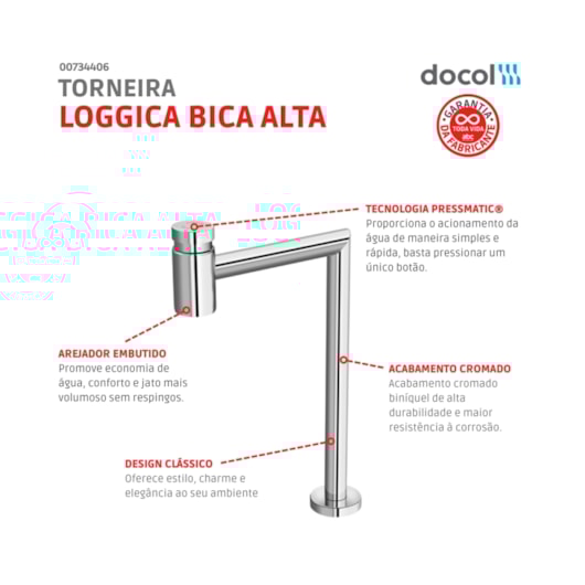 Torneira Para Lavatório De Mesa Loggica Matic Bica Alta 90° Cromada Docol - Imagem principal - 0f27c519-e5b3-42cf-b68f-6af99f5555a8