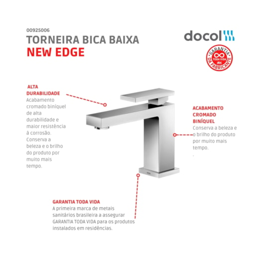 Torneira Para Lavatório De Mesa New Edge Bica Baixa Cromada Docol - Imagem principal - e496e5ad-2029-4732-93da-e3615f73dd86