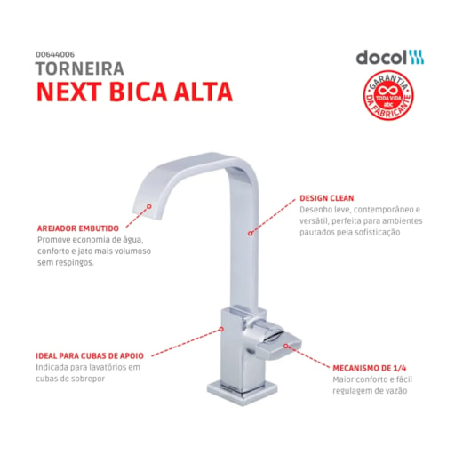 Torneira Para Lavatório De Mesa Next Bica Alta Cromada Docol - Imagem principal - a68a91f5-aab6-44b9-b1eb-3dfa8992cc62