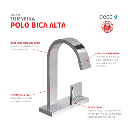 Torneira Para Lavatório De Mesa Polo Bica Alta 1191 Cromada Deca - Imagem principal - fb791886-d7d6-4952-bf7f-c7ffc86bb9e2