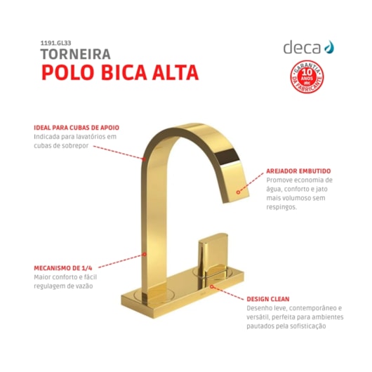 Torneira Para Lavatório De Mesa Polo Bica Alta 1191 Gold Deca - Imagem principal - 8cbd7e5a-6113-44b1-97d5-b50ca8df9b8f