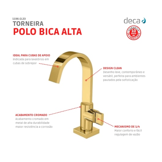 Torneira Para Lavatório De Mesa Polo Bica Alta 1198 Gold Deca - Imagem principal - b8fcb375-3340-4c35-b08e-83d2dff25a02