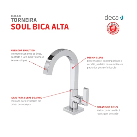 Torneira Para Lavatório De Mesa Soul Bica Alta 1198 Cromado Deca - Imagem principal - 2f4b1cce-391d-4609-bb54-add4ec1be7a5