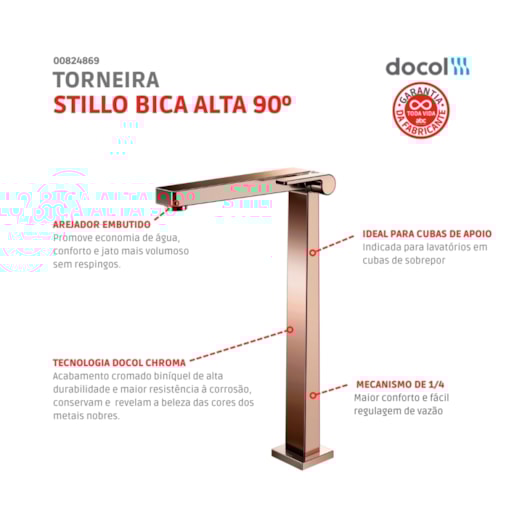 Torneira Para Lavatório De Mesa Stillo Bica Alta 90 Cobre Escovado Docol - Imagem principal - b8aac0ee-4aca-4561-bf81-230e5a1c1e79