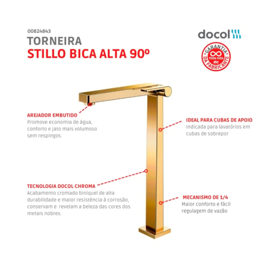 Torneira Para Lavatório De Mesa Stillo Bica Alta 90 Ouro Polido Docol - Imagem principal - f3f1bccb-3c3d-4d57-ad51-917764bcb91f