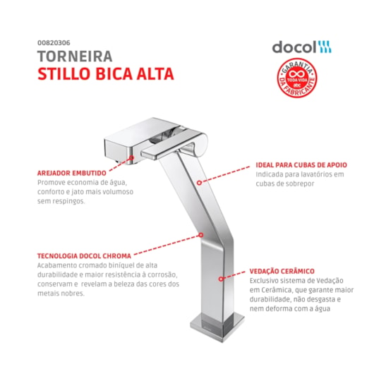 Torneira Para Lavatório De Mesa Stillo Bica Alta Cromada Docol - Imagem principal - 0f767f26-8d93-4105-b842-1848d375f2f6
