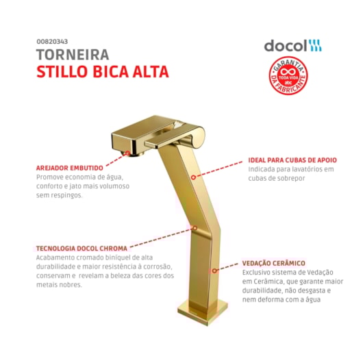 Torneira Para Lavatório De Mesa Stillo Bica Alta Ouro Polido Docol - Imagem principal - c2780e84-8456-4214-88d1-625af6d0a765