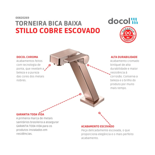 Torneira Para Lavatório De Mesa Stillo Bica Baixa Cobre Escovado Docol - Imagem principal - e2c4fac9-d09b-40ad-860c-a8223f741a81