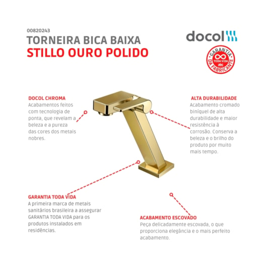 Torneira Para Lavatório De Mesa Stillo Bica Baixa Ouro Polido Docol - Imagem principal - 159f197f-33da-4001-9be6-8699b7c2268f