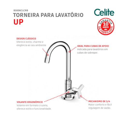 Torneira Para Lavatório De Mesa Up Bica Alta Cromada Celite - Imagem principal - f7880f94-23f1-4fb9-9621-3c1d6ac0da3e