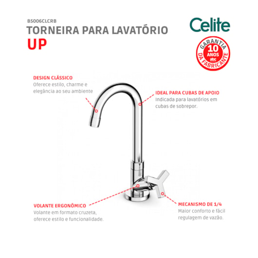 Torneira Para Lavatório De Mesa Up Bica Alta Cromada Celite - Imagem principal - c282e7df-6705-4d12-9f2c-9ab47be40bed