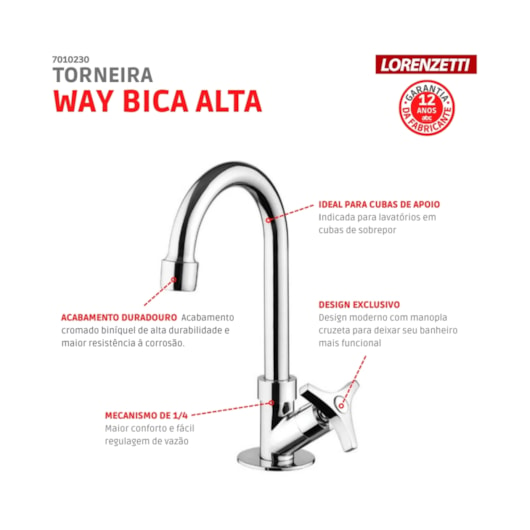 Torneira Para Lavatório De Mesa Way Bica Alta Cromada 1195 C30 Lorenzetti - Imagem principal - 16ef3b07-2b30-4a07-9588-910c7cd2d906