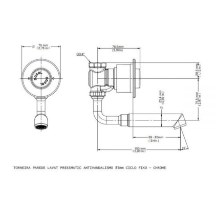 Torneira Para Lavatório De Parede 85mm Com Ciclo Fixo Pressmatic Antivandalismo Cromada Docol