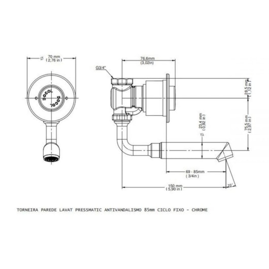 Torneira Para Lavatório De Parede 85mm Com Ciclo Fixo Pressmatic Antivandalismo Cromada Docol - Imagem principal - a829b68d-014a-454e-97ef-e12406f2bbee