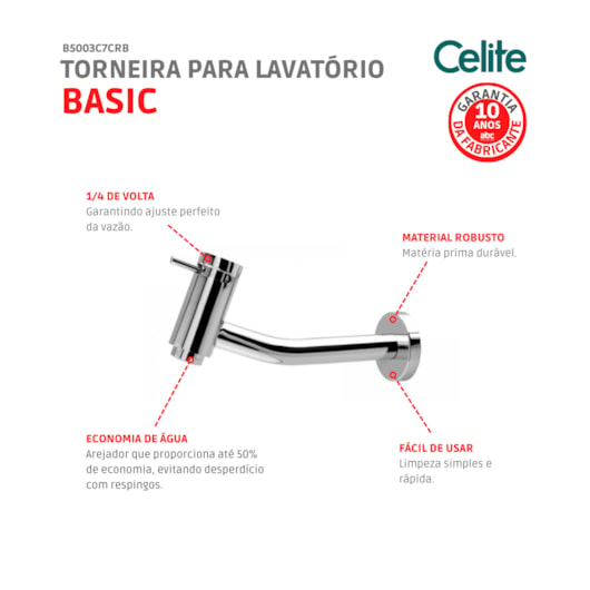 Torneira Para Lavatório De Parede Basic 1161 Cromada Celite - Imagem principal - 61a4330b-90aa-447f-b35a-5dd113819689