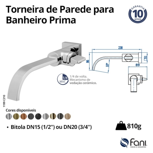 Torneira Para Lavatório De Parede Prima 1199 C210 DN 15 1/2