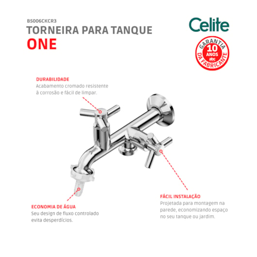 Torneira Para Tanque E Máquina De Lavar De Parede One Cromada Celite - Imagem principal - 1fd9259e-c412-4cd1-8449-b476804d752e