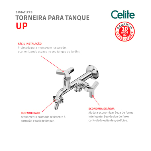 Torneira Para Tanque E Máquina De Lavar De Parede Up 1131 Cromada Celite - Imagem principal - 7a1bb431-055f-4567-8d4d-5f125add908b