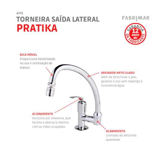 Torneira Saida Lateral De Mesa Para Cozinha Pratika  Cromado Fabrimar  - Imagem principal - c7b44de7-06e0-4252-bb46-81bad5651436